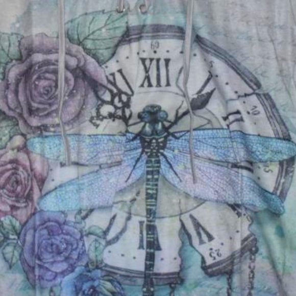 Medieval Sublimation Tattoo Dragonfly Clock Floral Fairy Gypsy Peasant Top Tee - Picture 4 of 5